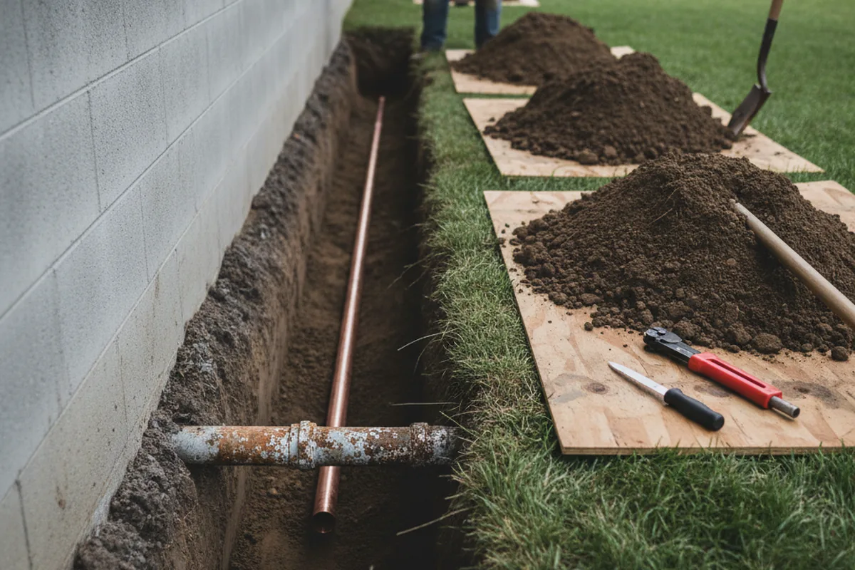 Excavated water line trench during Water Softener Installation in Hiller